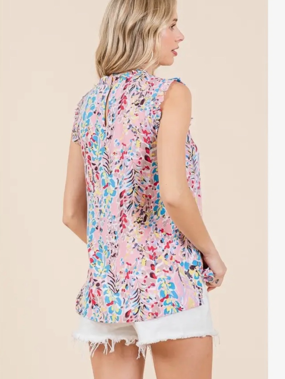 Sleeveless Pink Printed Ruffle-Neck Top - Picture 5 of 5